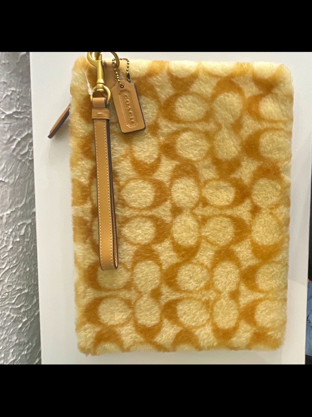 Coach Yellow Patterned Shearling Wristlet Pouch